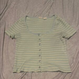 Striped Scoop Neck Button-Front Crop Top in Pastel Mint